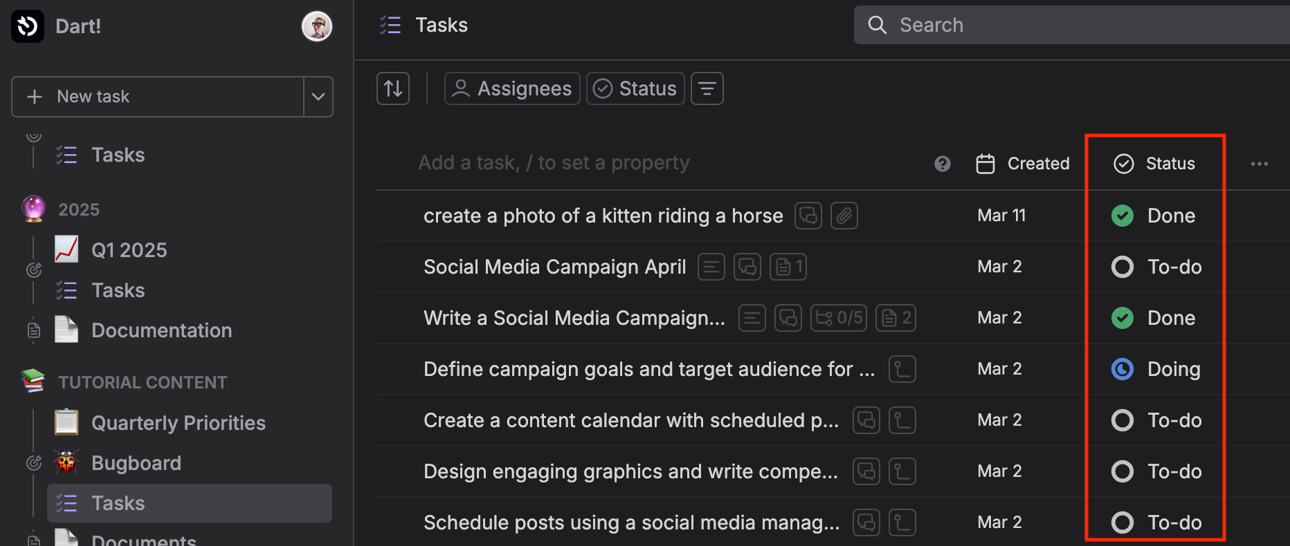 Dart Statuses feature screenshot